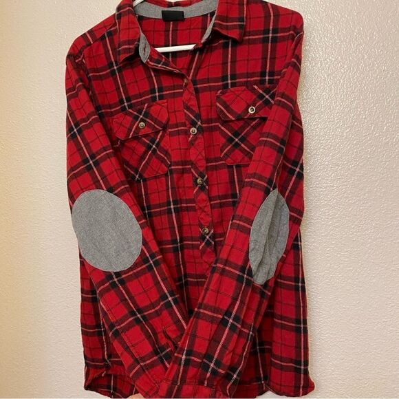 Empyre Zumiez red plaid flannel Cotton button shirts Gray elbow patch M - Picture 2 of 9